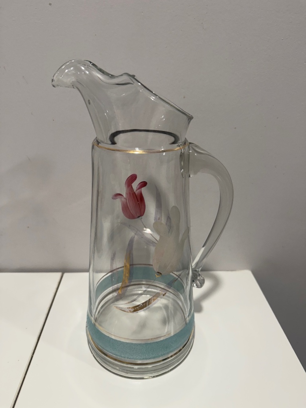 Vintage 1950s Bartlett Collins Hand Painted Tulip Ice Lip Pitcher - Pink & White